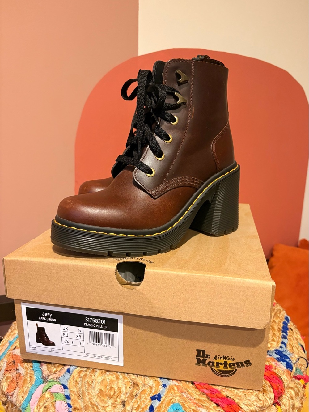 Dr. Martens Brown Leather Lace-Up Platform Block Heel Boots